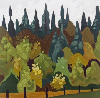 Fence Posts and Spruce, 2017, 10 x 10, Acrylic on Wood Panel