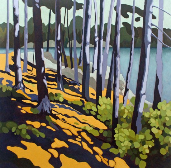 Pine Trunks and Water, 2019, 30x 30, Acrylic on Canvas, Leanne Baird