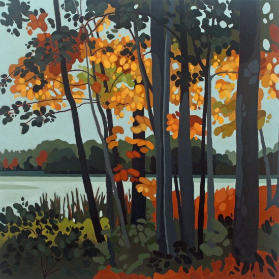 Tree Trunks and Lake, 2019, 30 x 30, Acrylic on Canvas, Leanne Baird