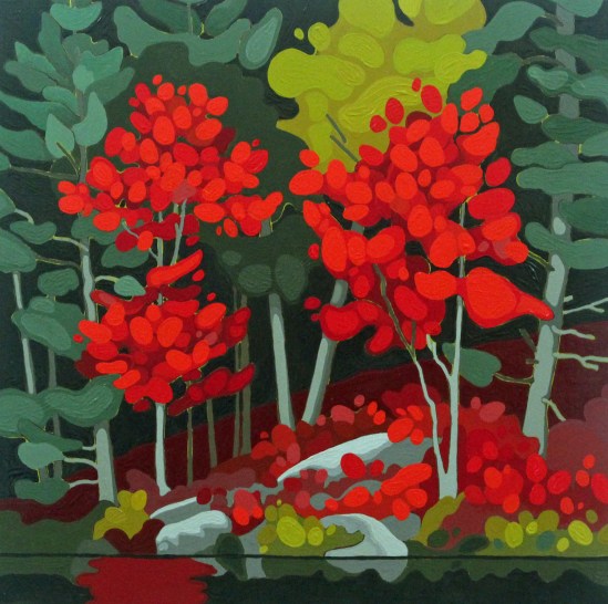 Two Red Trees, 2019, 16 x 16, Acrylic on Canvas, Leanne Baird