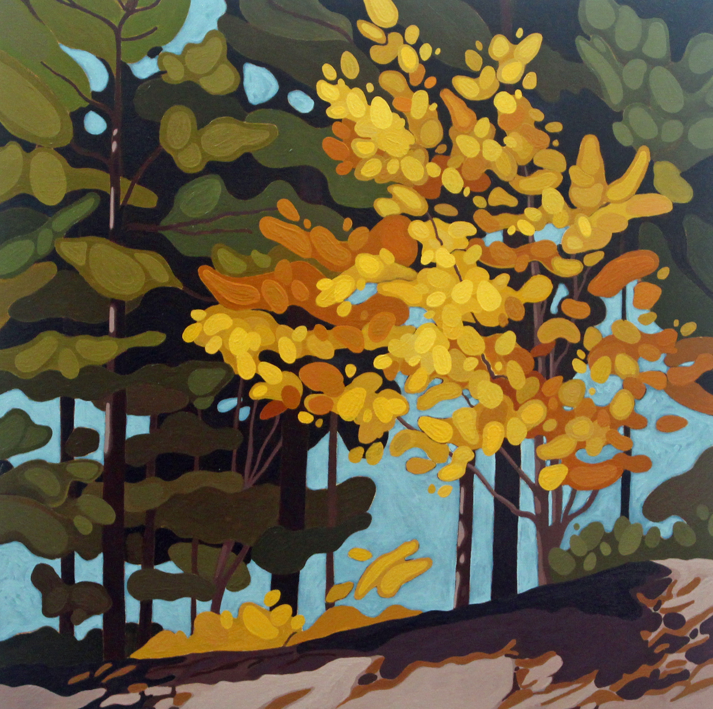 Yellow Tree and Rock, 2019, 20 x 20, Acrylic on Canvas